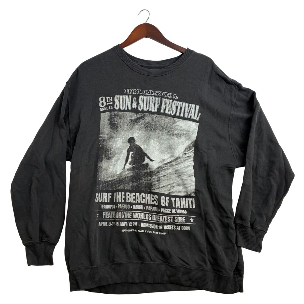 Hollister California Sun & Surf Festival Crewneck Sweatshirt Mens L Gray Graphic